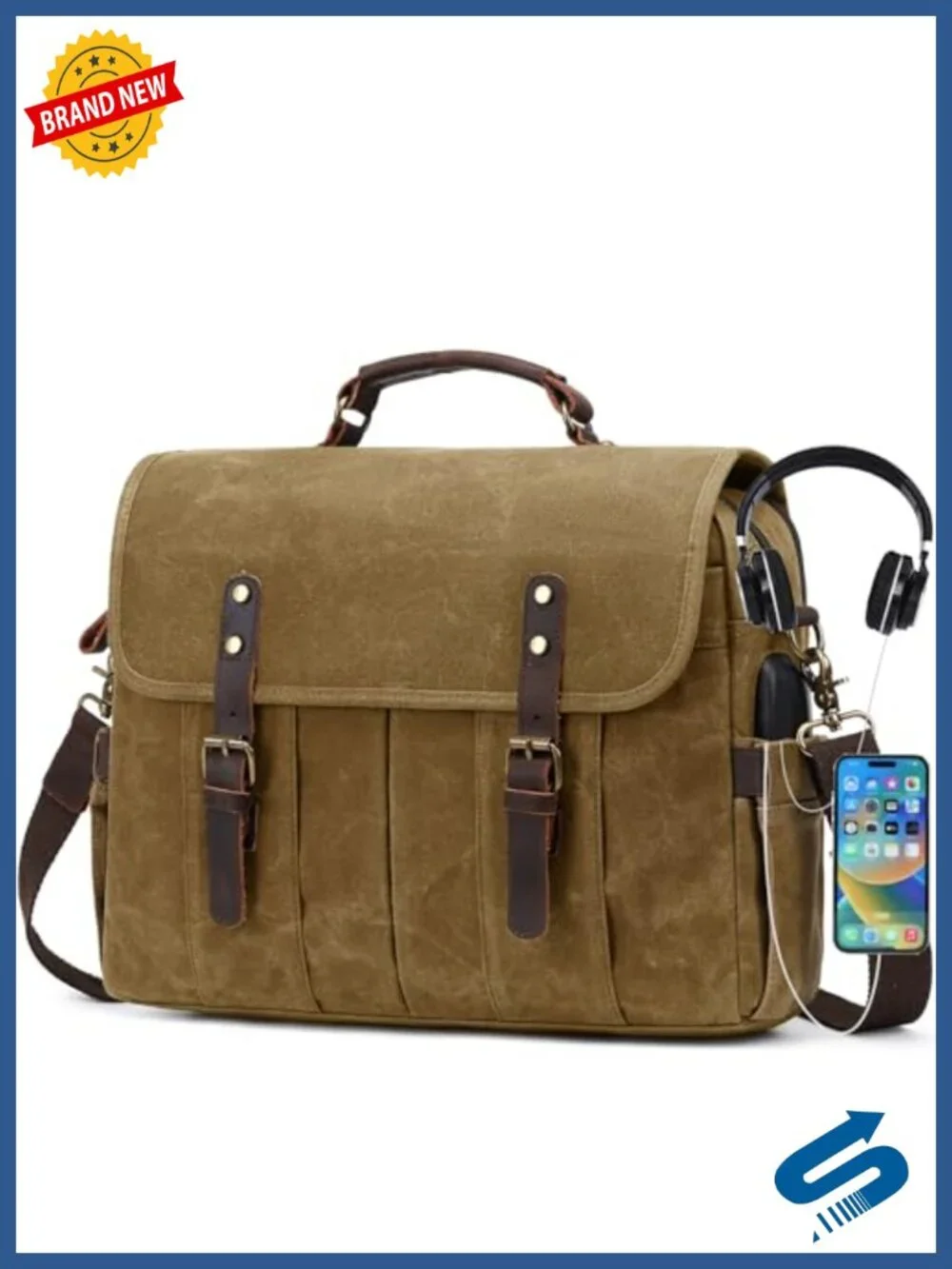 NerIion Messenger Bag Men 15.6 Inch Vintage Canvas Genuine Leather Briefcase